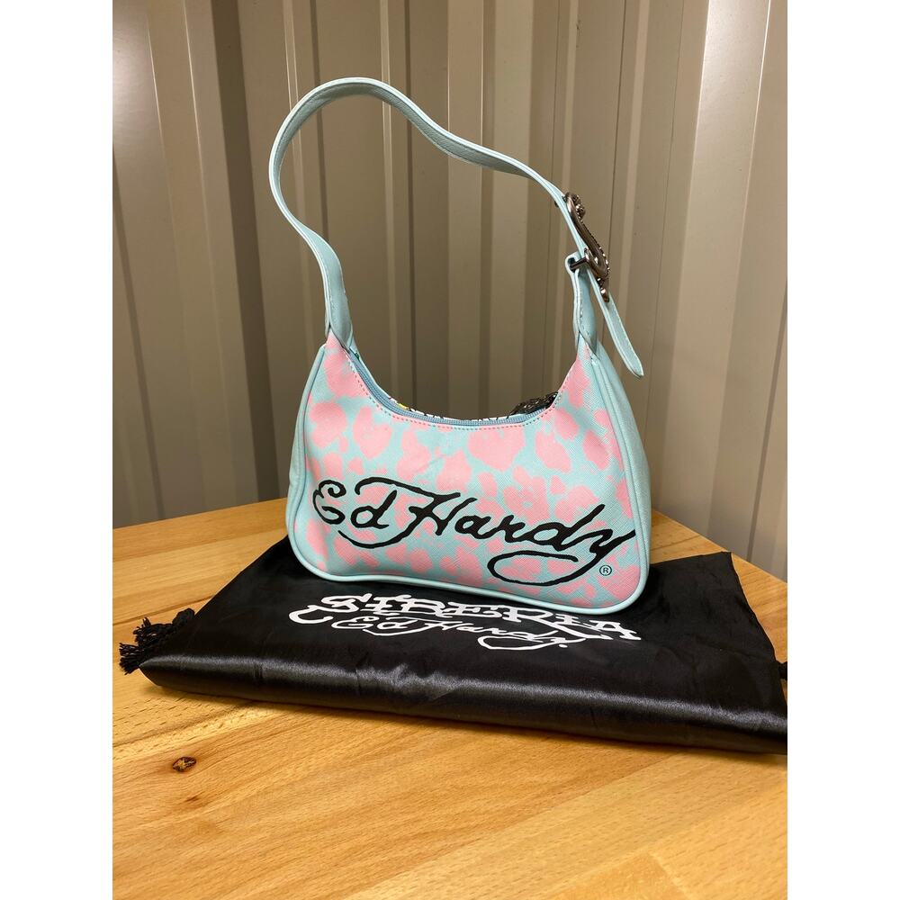 Ed Hardy X Siberia Hills Baby Blue Pink Animal Print Shoulder Bag